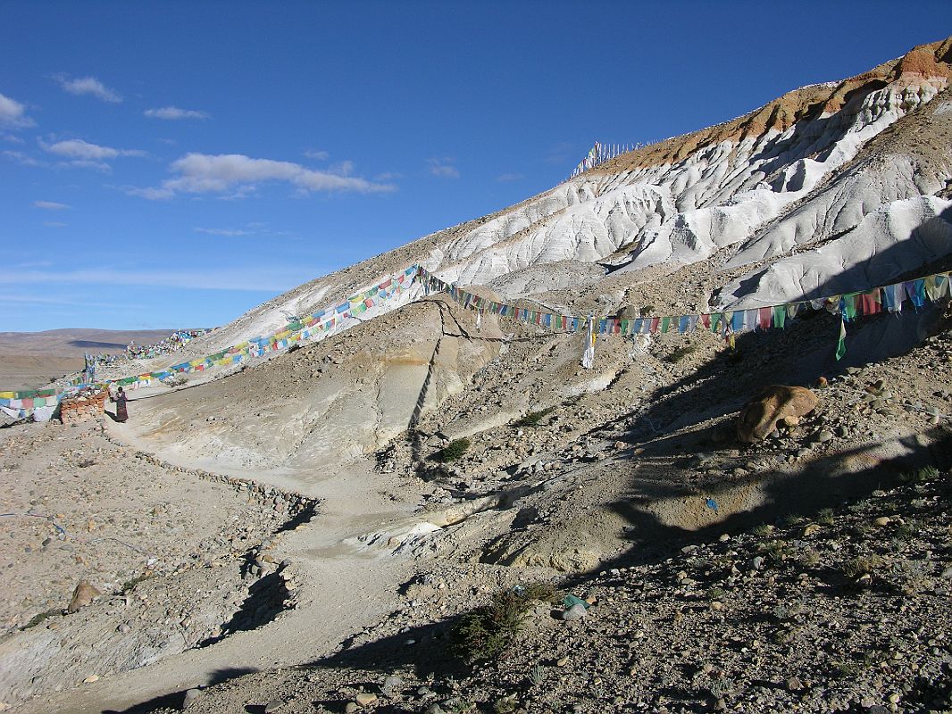 Tibet Kailash 06 Tirthapuri 13 Pilghrim Walking Below Topa Moro Red and White Terraces